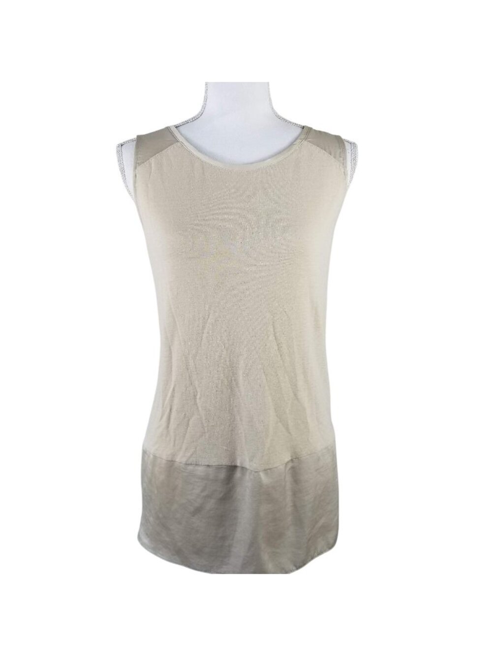 Sleeveless Beige Tunic Top With Sheer Hem Accent Lightweight Casual Design Women